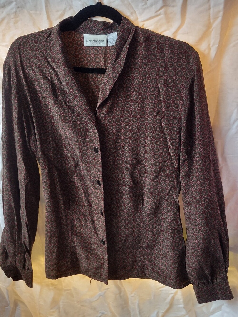 Liz Claiborne Maroon And Green Geo Button-Front Blouse